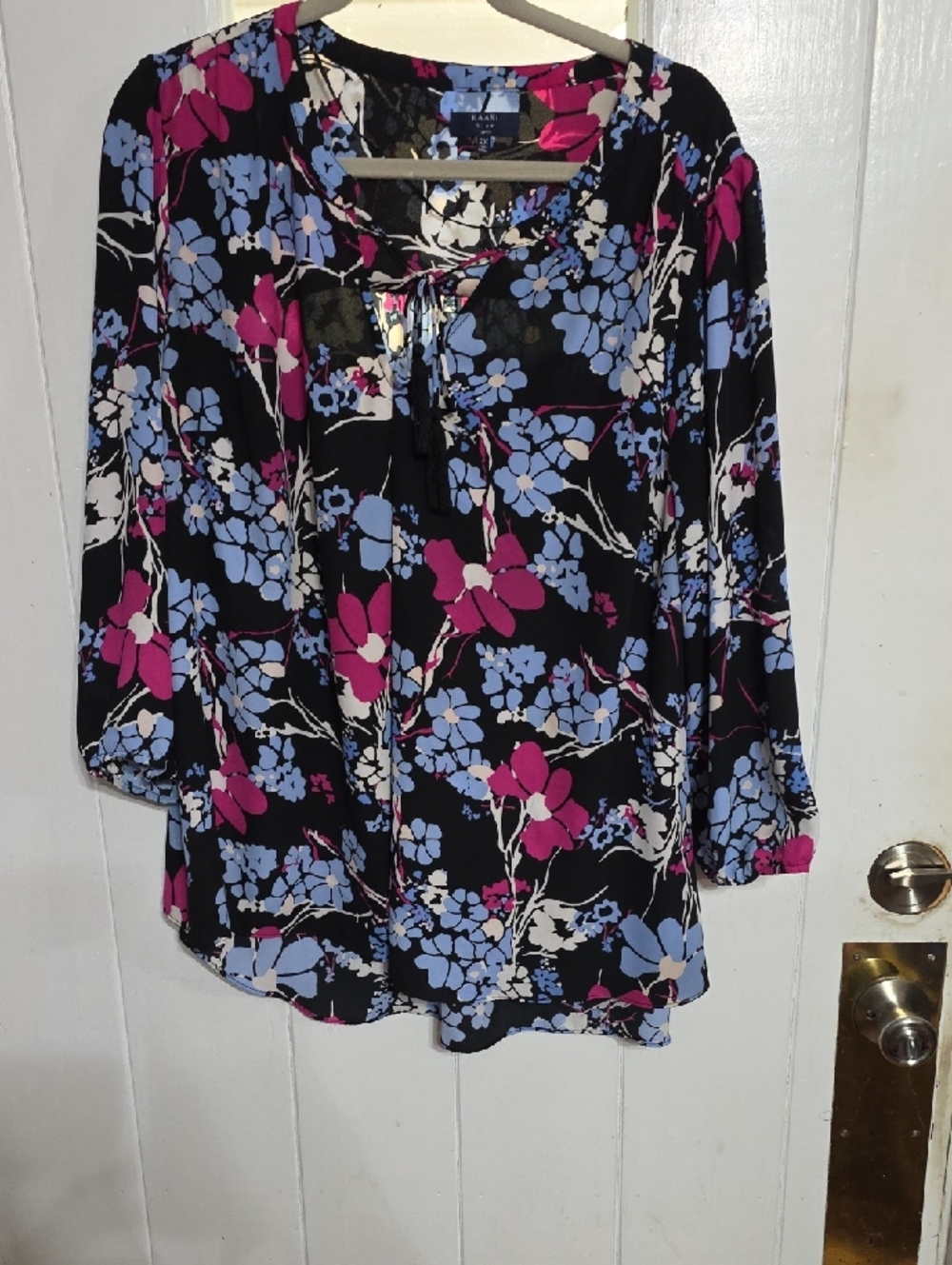 Kaari Blue Curvy Women's Floral Tie-Neck Blouse - Black W/Blue & Pink Flowers 2X